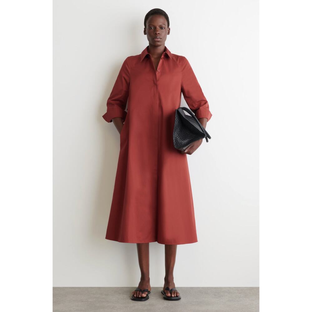 COS Voluminous Maxi Shirt Dress Red Pima Cotton Hidden Button Midi 4